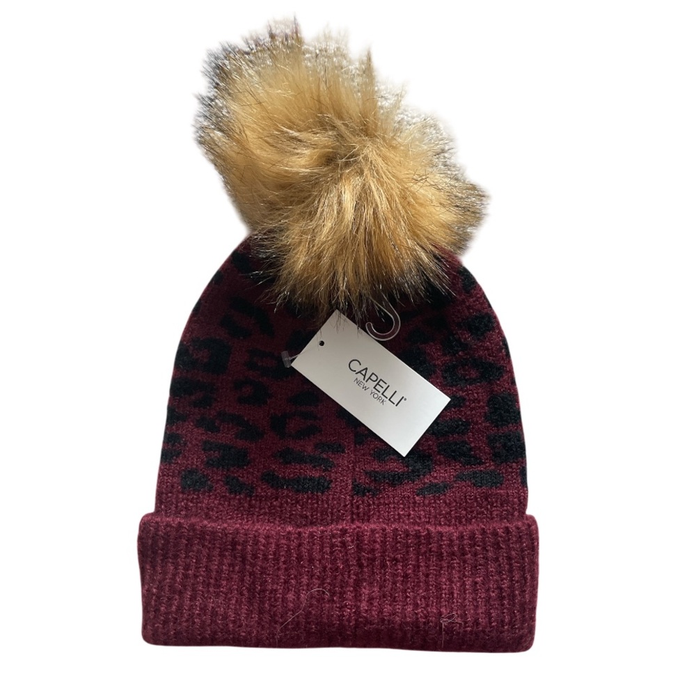 Capelli of New York Burgundy Leopard Beanie with Pom-Pom